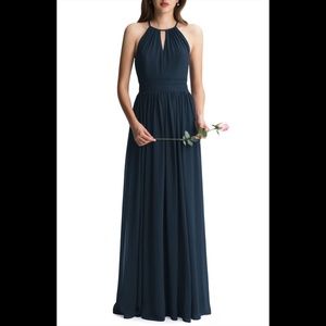 #Levkoff Keyhole Neck Chiffon A-Line Gown Navy Blue